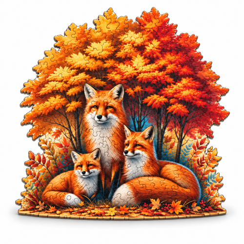 Completed Autumn Fox Family wooden jigsaw puzzle on white background