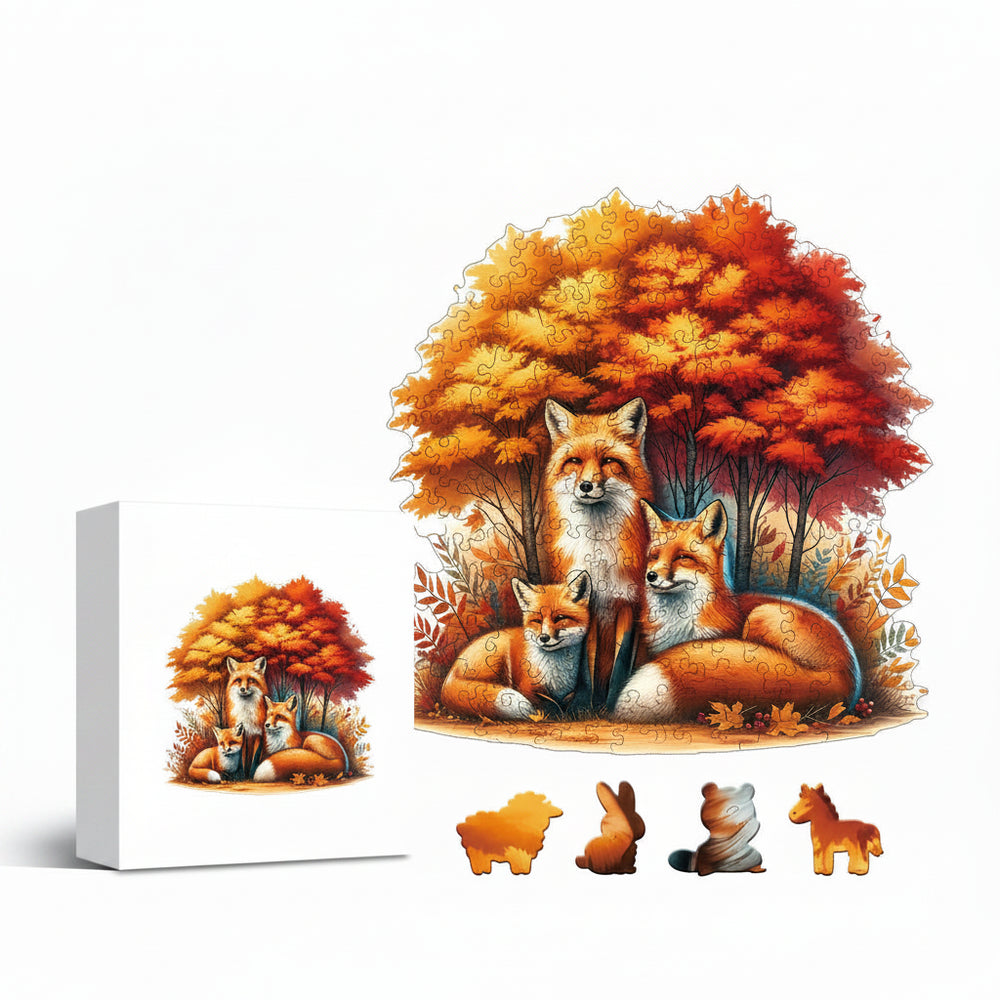 Autumn Fox Family Wooden Jigsaw Puzzle Unique Animal-Shaped Pieces for Adults