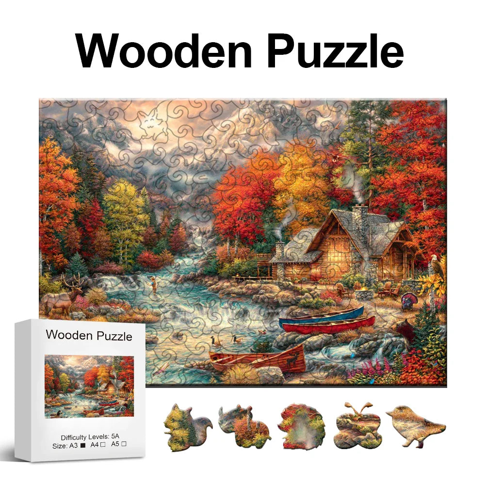 Autumn Mountain Retreat Wooden Jigsaw Puzzle Scenic Forest Landscape