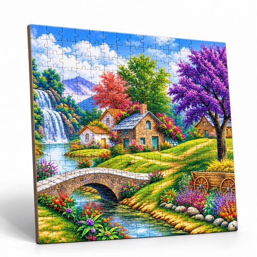 Stone houses in the woods jigsaw puzzle standing upright