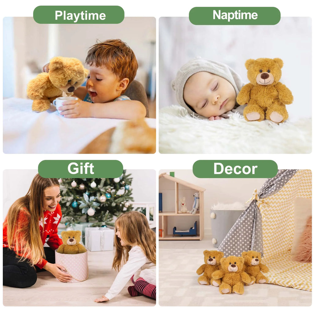 Collage of a child with a teddy bear during playtime, a baby sleeping with a teddy bear at naptime, two children with a teddy bear as a gift, and teddy bears as decor.