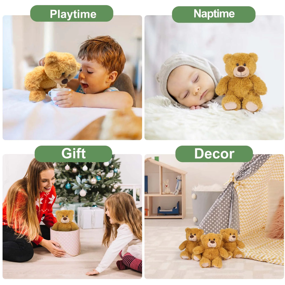 Collage of a child with a teddy bear during playtime, a baby sleeping with a teddy bear at naptime, two children with a teddy bear as a gift, and teddy bears as decor.