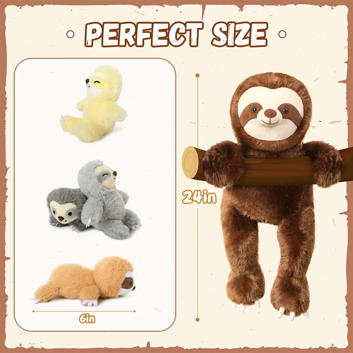 Plush sloths of different sizes with a measurement scale on a textured background