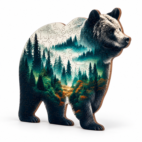 Woodland Bear Silhouette Wooden Jigsaw Puzzle Unique Wildlife Art Puzzle - alternate view
