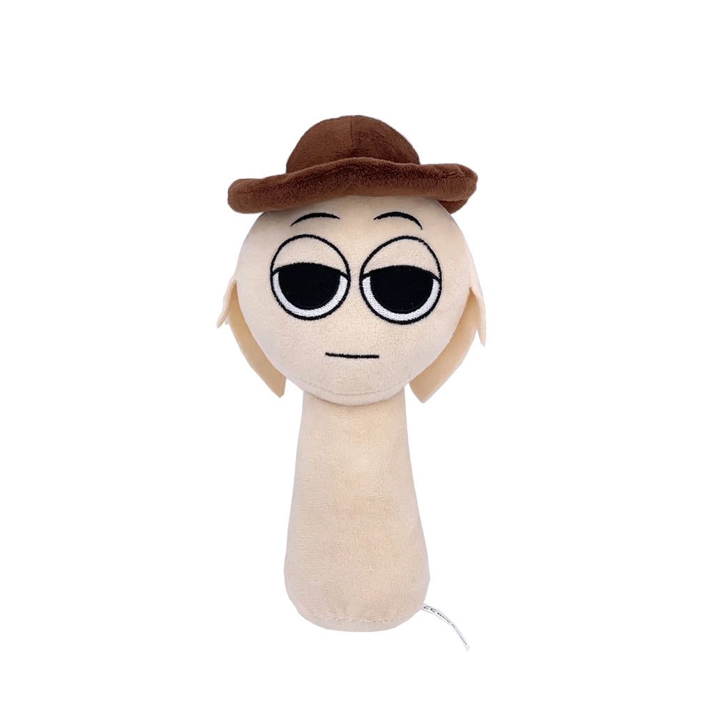 Beige cartoon plush toy with sleepy eyes and a brown hat, soft stuffed character on white background