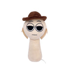 Beige cartoon plush toy with sleepy eyes and a brown hat, soft stuffed character on white background