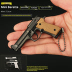 Miniature Beretta gun model held in a hand with product details on a black background