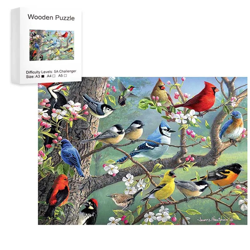 Bird Flock wooden jigsaw puzzle with colorful songbirds artwork and puzzle box shown.