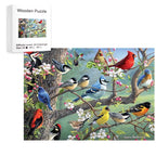 Bird Flock wooden jigsaw puzzle with colorful songbirds artwork and puzzle box shown.