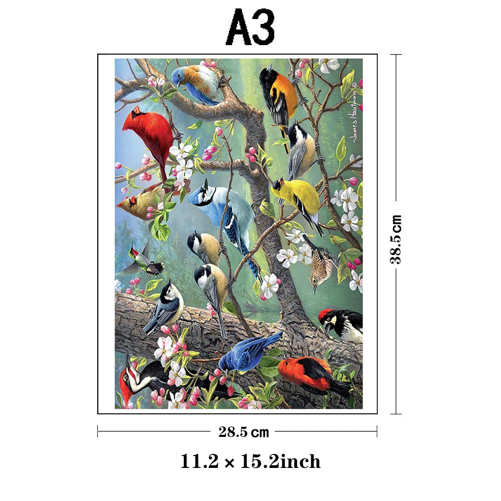 A3 size Bird Flock wooden jigsaw puzzle with dimensions 28.5 cm by 38.5 cm shown.