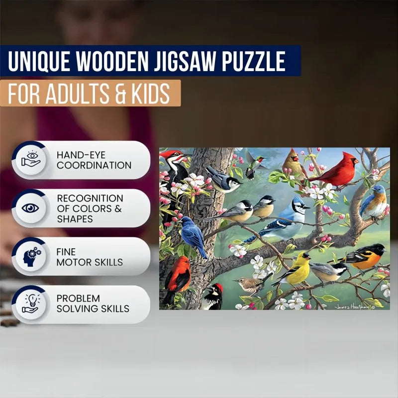 Bird Flock wooden jigsaw puzzle showing benefits for adults and kids, including hand-eye coordination, color recognition, motor skills, and problem solving.