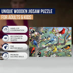Bird Flock wooden jigsaw puzzle showing benefits for adults and kids, including hand-eye coordination, color recognition, motor skills, and problem solving.