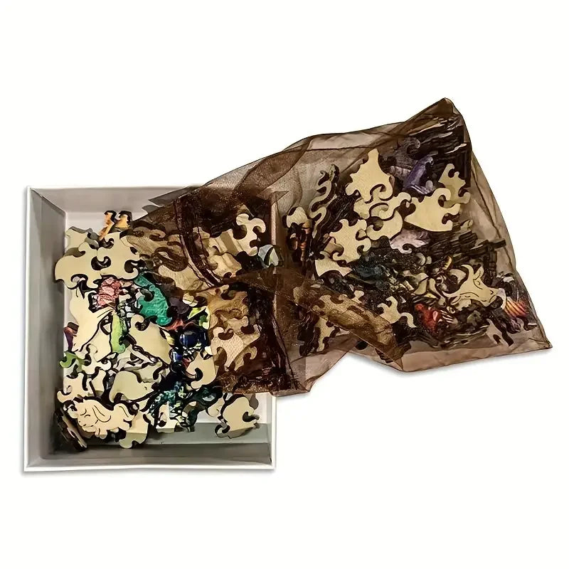 Bird Flock wooden jigsaw puzzle pieces in a box with decorative storage bag.