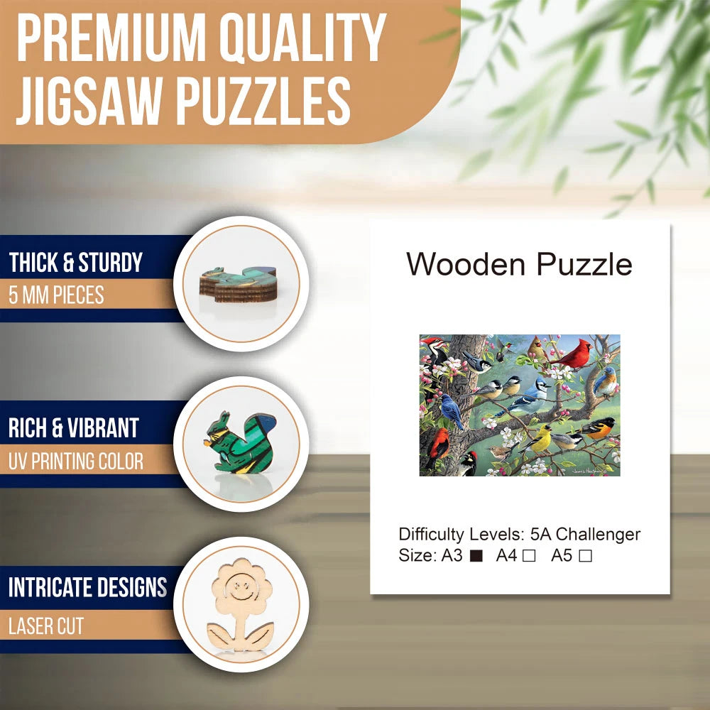 Premium quality Bird Flock wooden jigsaw puzzle showing thick pieces, vibrant UV printing, and laser-cut designs.