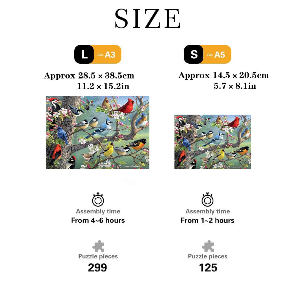 Size chart showing A3 and A5 Bird Flock wooden jigsaw puzzles with dimensions, pieces count, and assembly time.