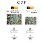 Size chart showing A3 and A5 Bird Flock wooden jigsaw puzzles with dimensions, pieces count, and assembly time.