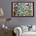 Bird Flock wooden jigsaw puzzle framed and displayed as wall art in a living room setting.