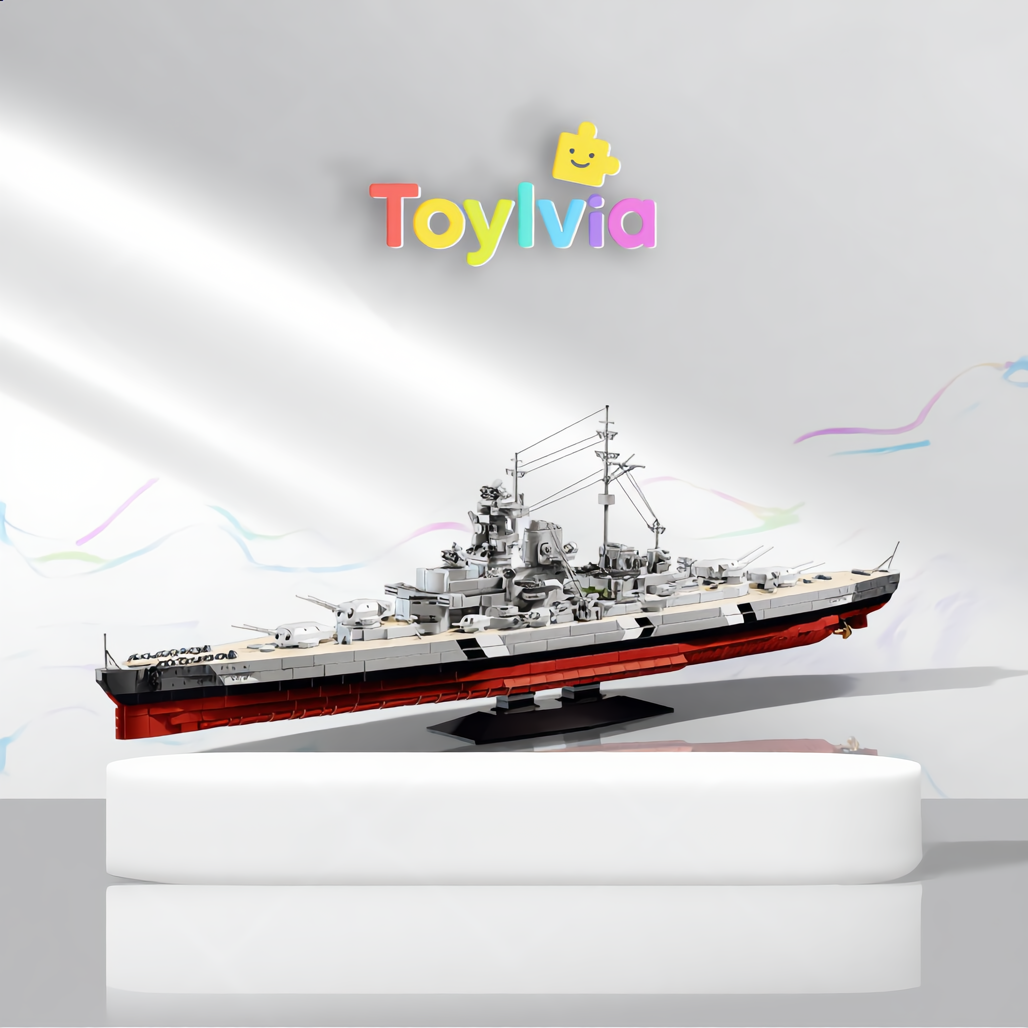 Professional display of the Toylvia Bismarck Battleship 1:300 scale building block model on a white pedestal Main image