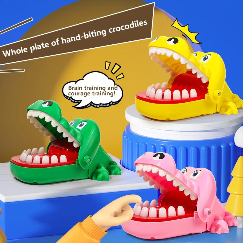 Bite finger crocodile game toys in green yellow and pink colors for party play