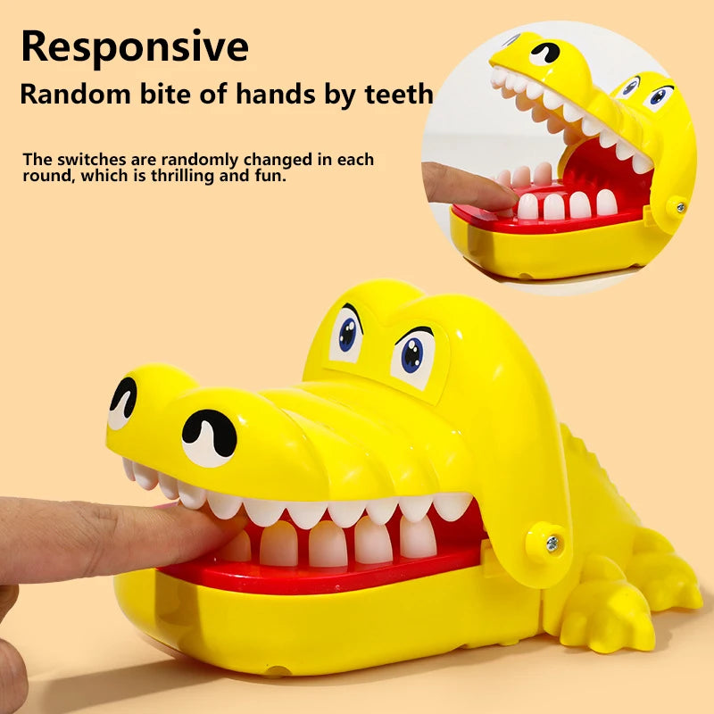 Yellow bite finger crocodile game toy showing random bite reaction feature