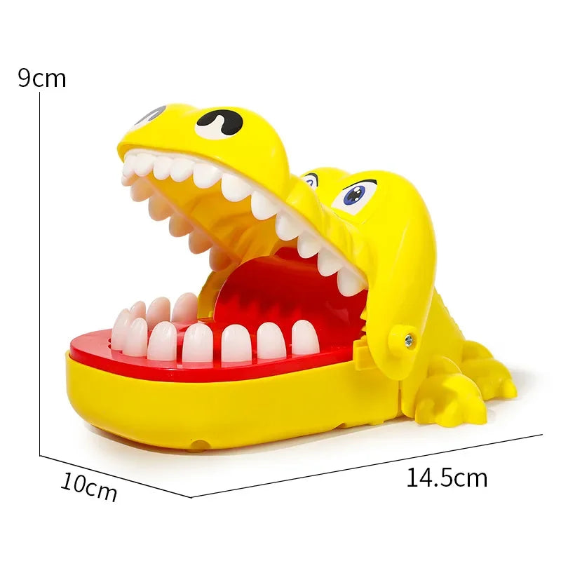 Yellow bite finger crocodile game toy with open mouth and size dimensions displayed