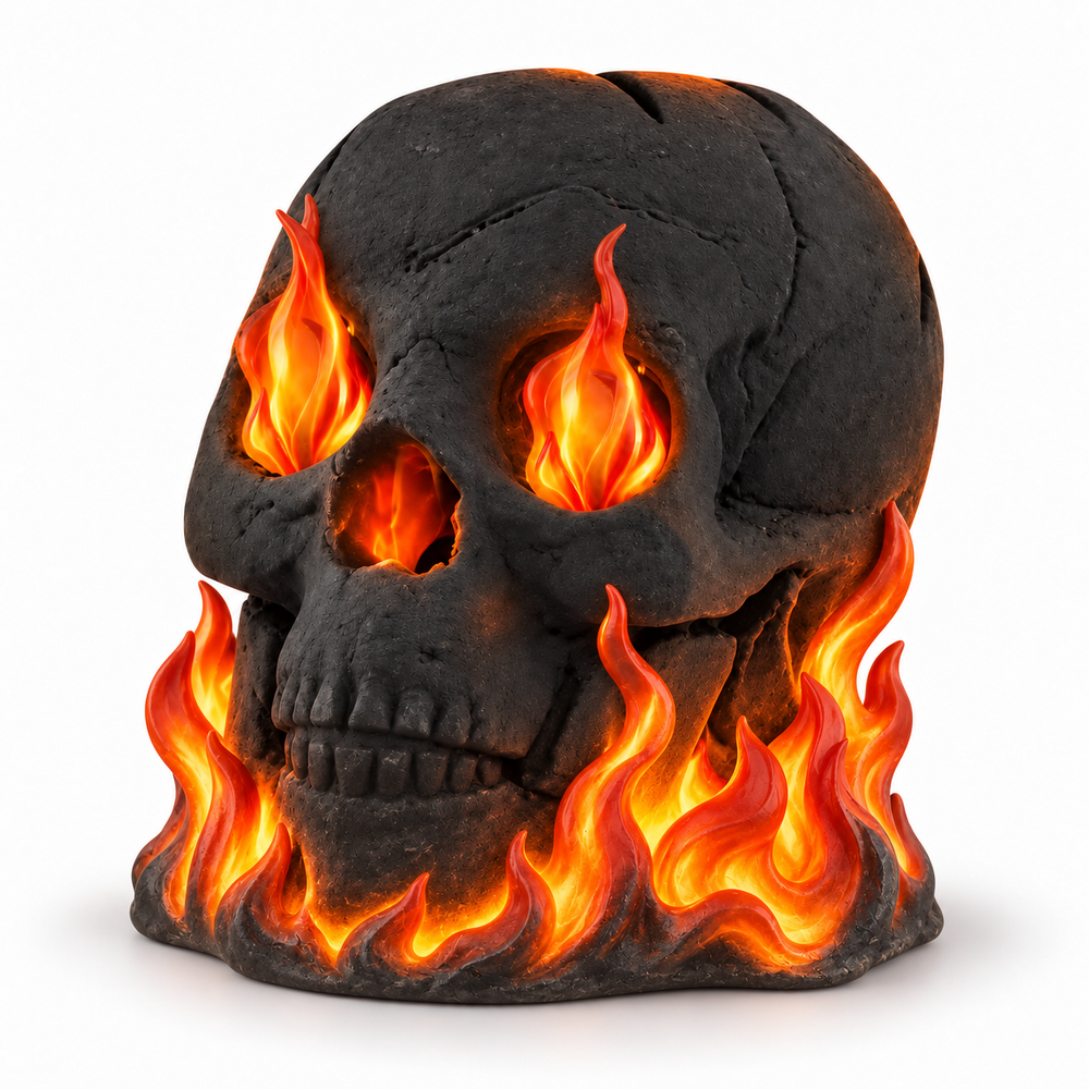 Black ceramic fire pit skull with integrated sculpted flame detail on white