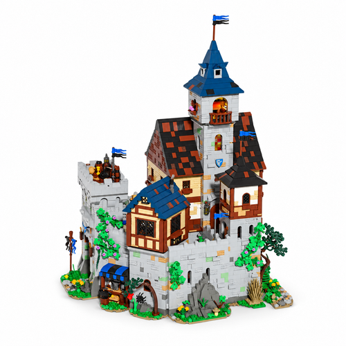 Full Black Falcon medieval castle building block model, 6,609 pieces, on a white studio background