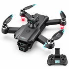Black F14 drone with remote controller at bottom right on white studio background