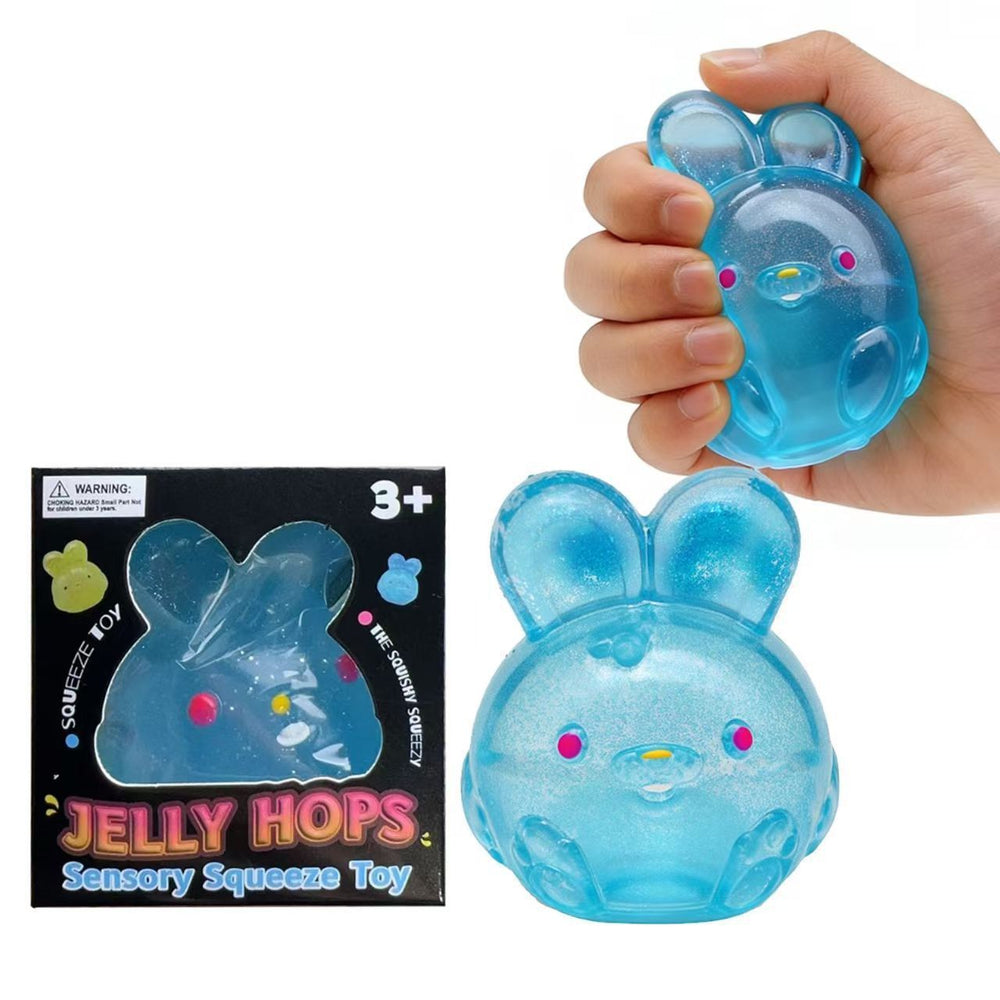 Stress Relief Blue Glitter Bunny Squeeze Toy, Jelly Hops Sensory Squishy Fidget Toy, Blue