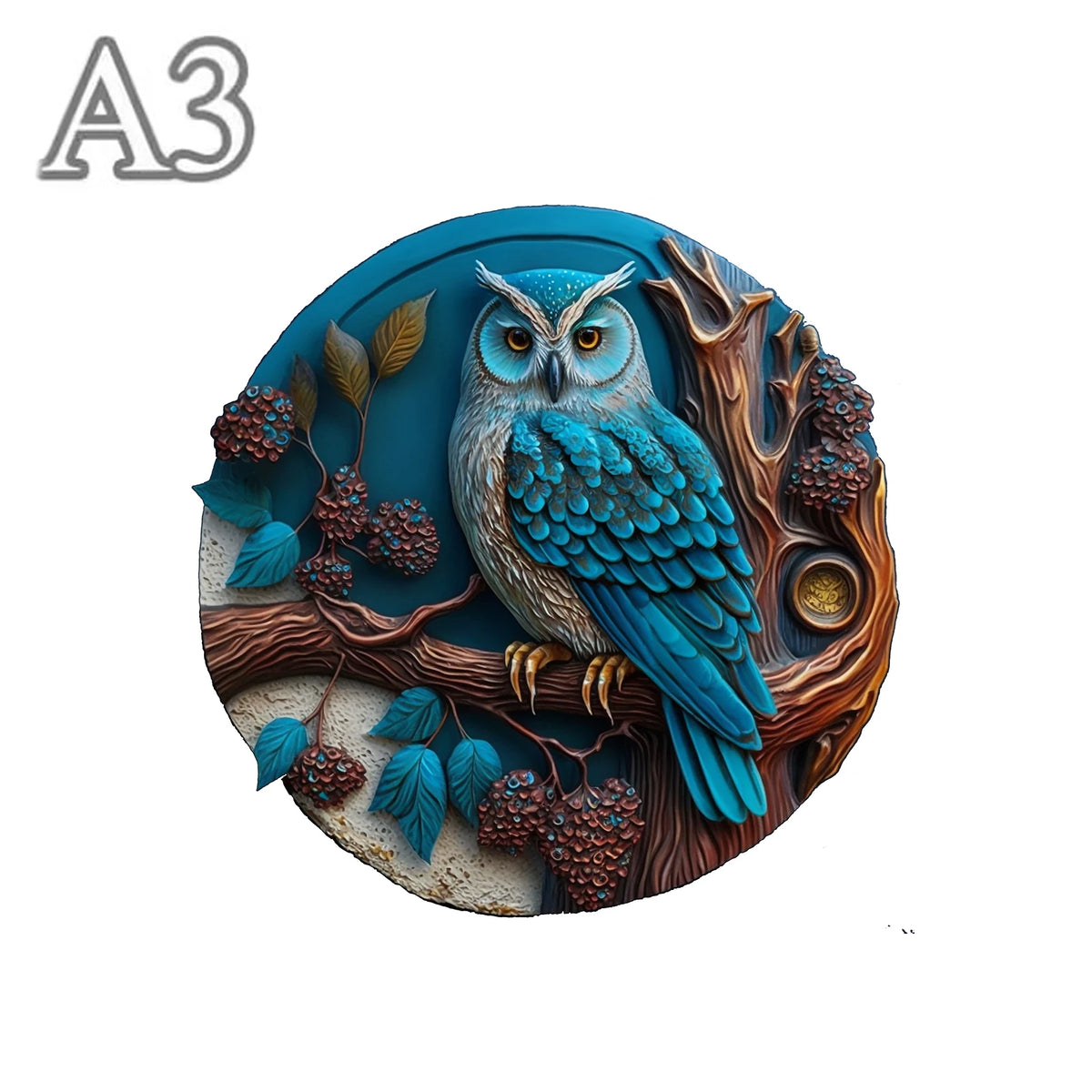 A3 size blue owl wooden jigsaw puzzle large detailed version on white background