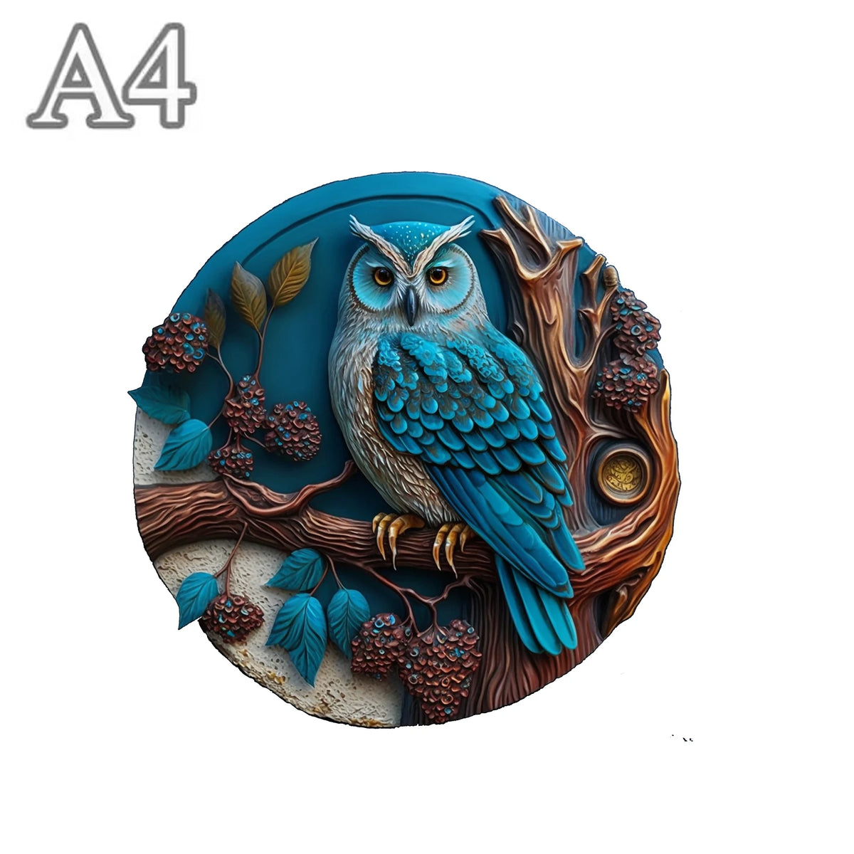 A4 size blue owl wooden jigsaw puzzle medium version on white background
