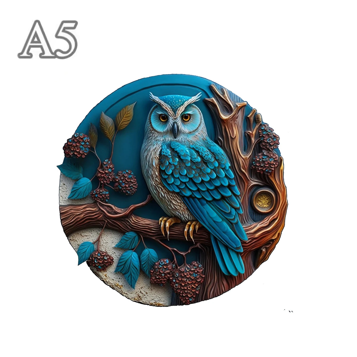 A5 size blue owl wooden jigsaw puzzle small version on white background
