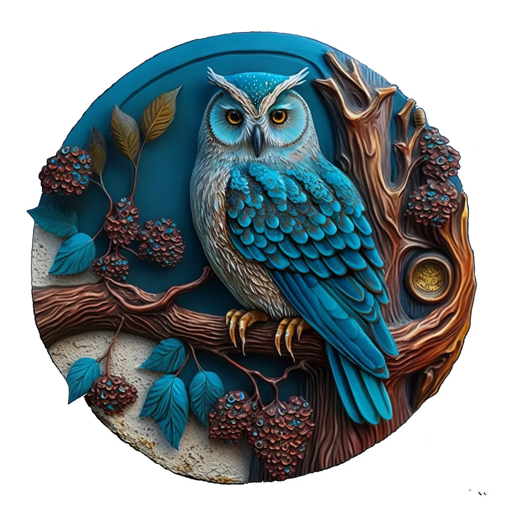 Blue owl wooden jigsaw puzzle animal-shaped art design for adults and kids by Toylvia