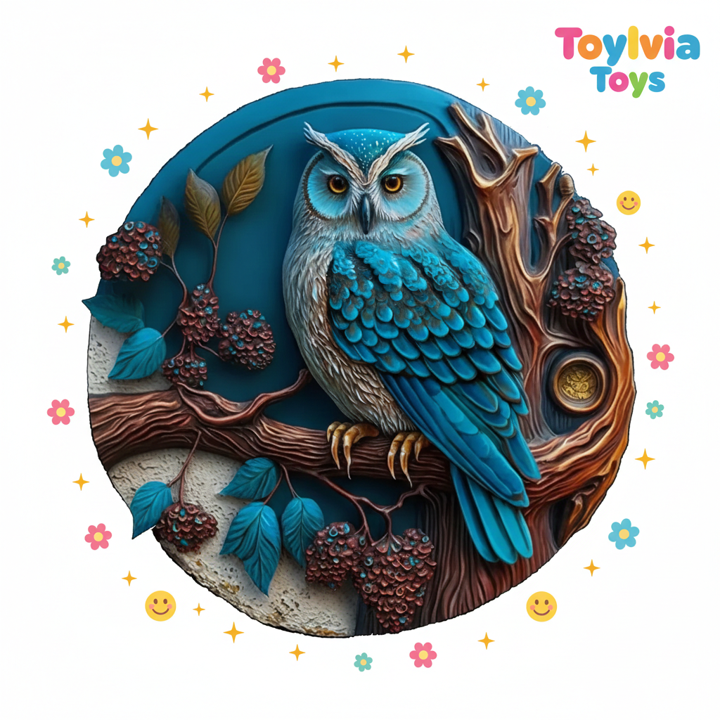 Decorative owl wall art with blue feathers and brown branch on a white background, featuring ToyLivia Toys branding.