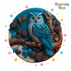 Decorative owl wall art with blue feathers and brown branch on a white background, featuring ToyLivia Toys branding.