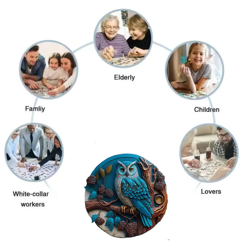 Blue owl wooden jigsaw puzzle enjoyed by adults children families and seniors