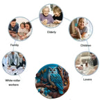 Blue owl wooden jigsaw puzzle enjoyed by adults children families and seniors