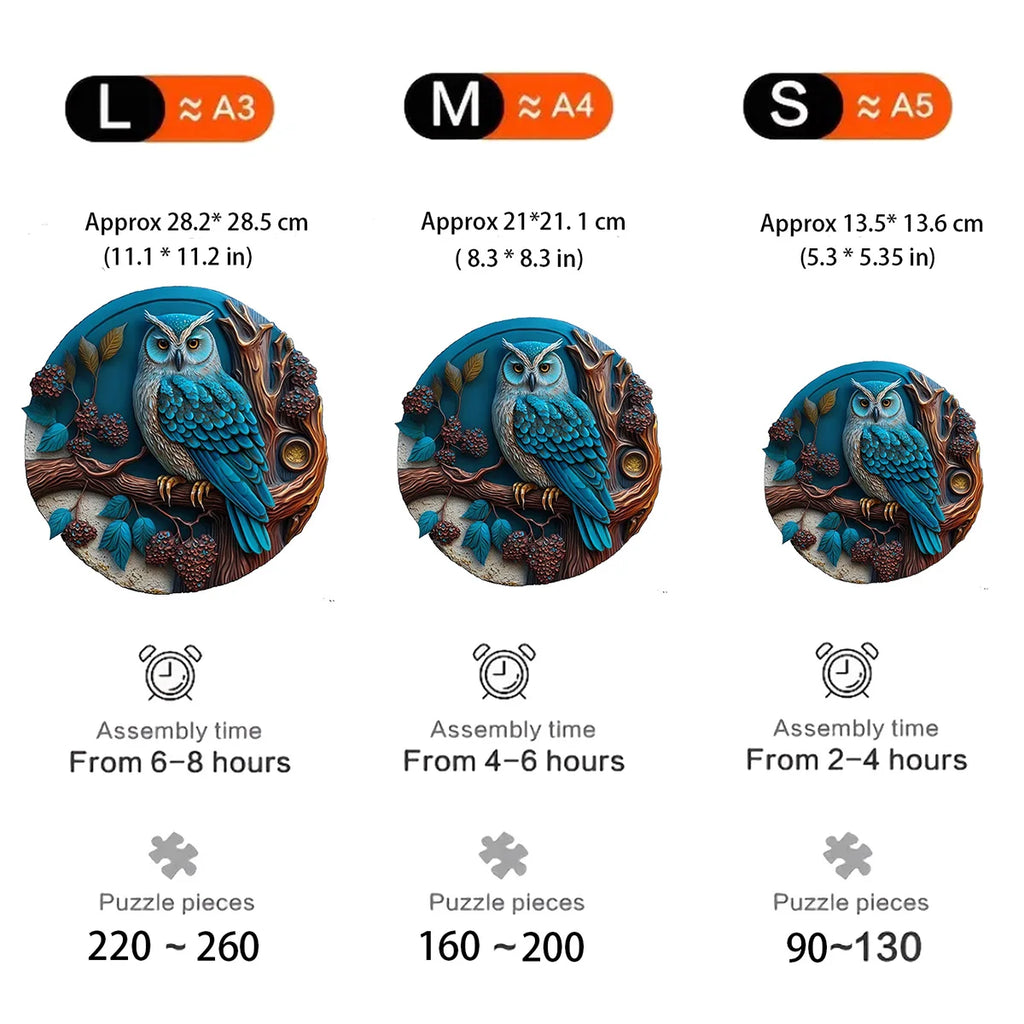 Blue owl wooden jigsaw puzzle size comparison showing A3 A4 and A5 dimensions and piece counts