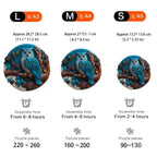 Blue owl wooden jigsaw puzzle size comparison showing A3 A4 and A5 dimensions and piece counts