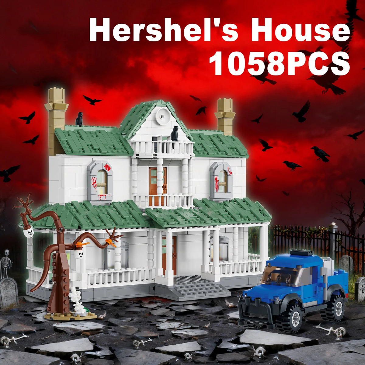 Hershel's House model made from building blocks with a red sky and flying bats in the background.