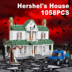 Hershel's House model made from building blocks with a red sky and flying bats in the background.