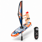 Blue RC windsurfing toy boat with rider, clean three-quarter studio view on white
