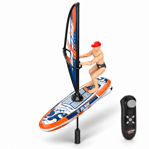 Blue RC windsurfing toy boat with rider, clean three-quarter studio view on white