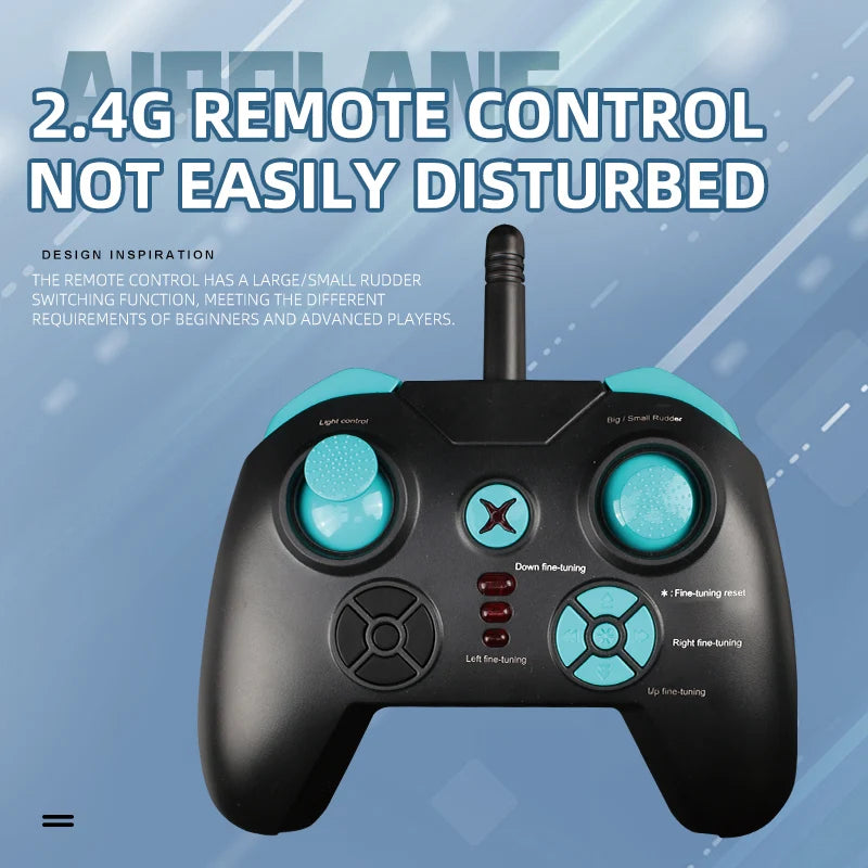 Black and turquoise remote control with text on a blue background