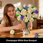 16 Champagne White Roses Building Blocks - 523PCS Botanical Set with Lights