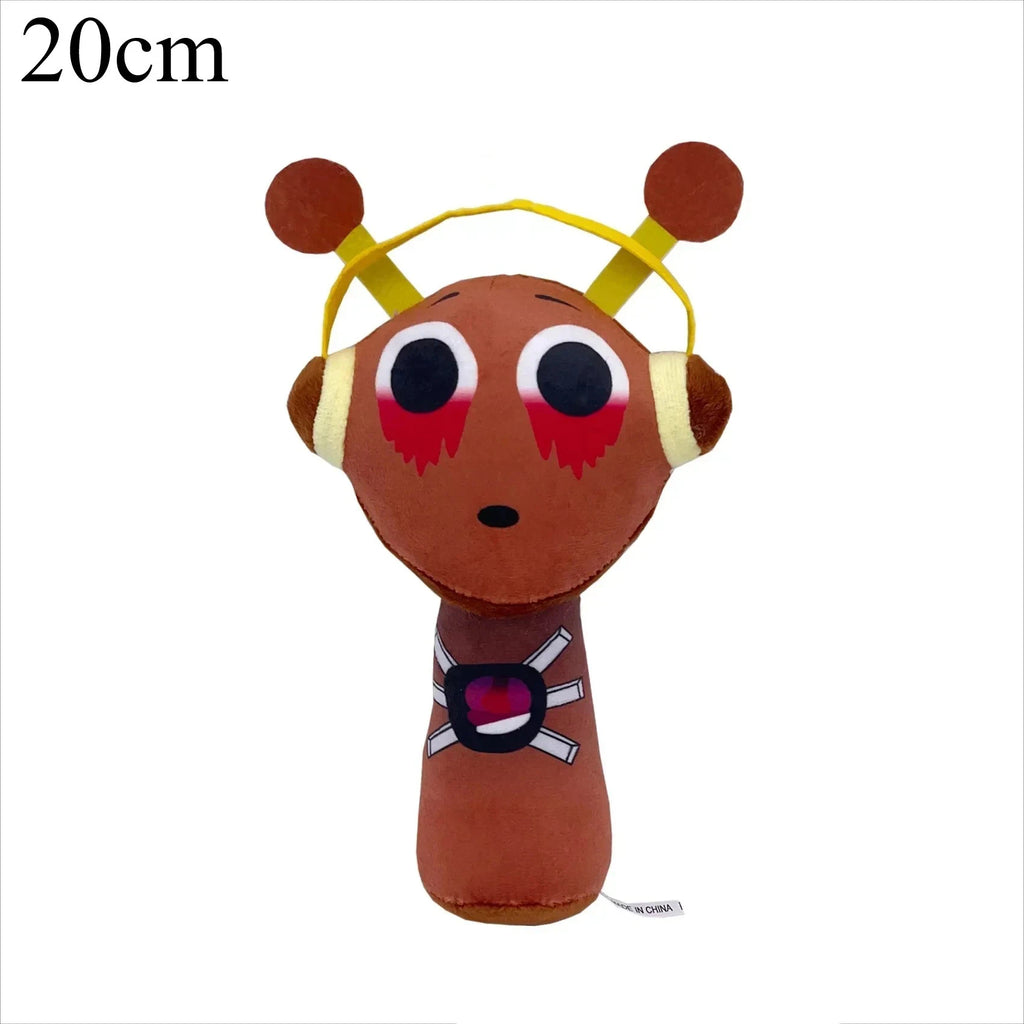 Brown cartoon plush toy character with yellow headphones and red eyes, 20cm soft stuffed design on a white background