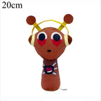 Brown cartoon plush toy character with yellow headphones and red eyes, 20cm soft stuffed design on a white background