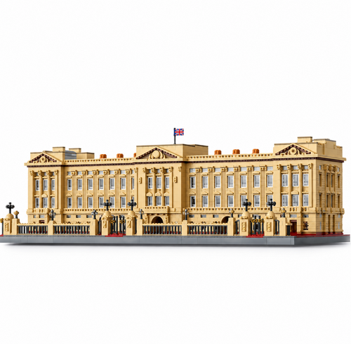 Buckingham Palace building block model, long tan facade with railings, flag and forecourt gates