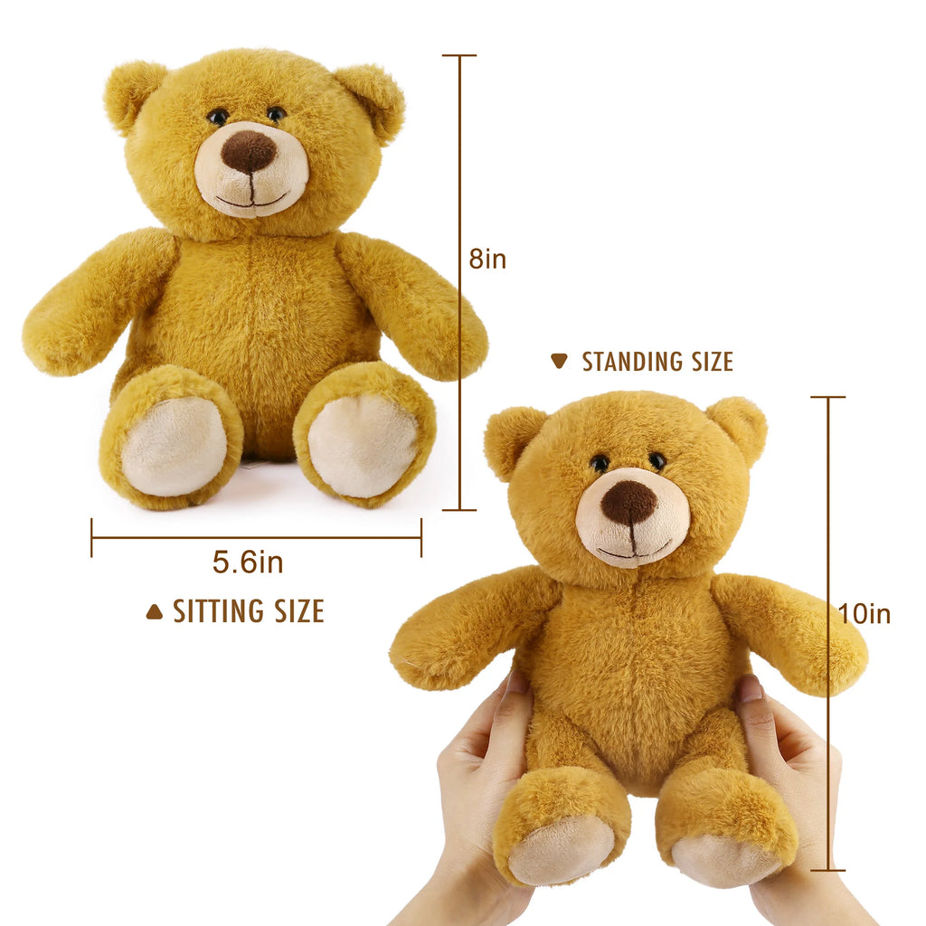 Yellow teddy bear with measurements shown from sitting, standing, and held by hands.