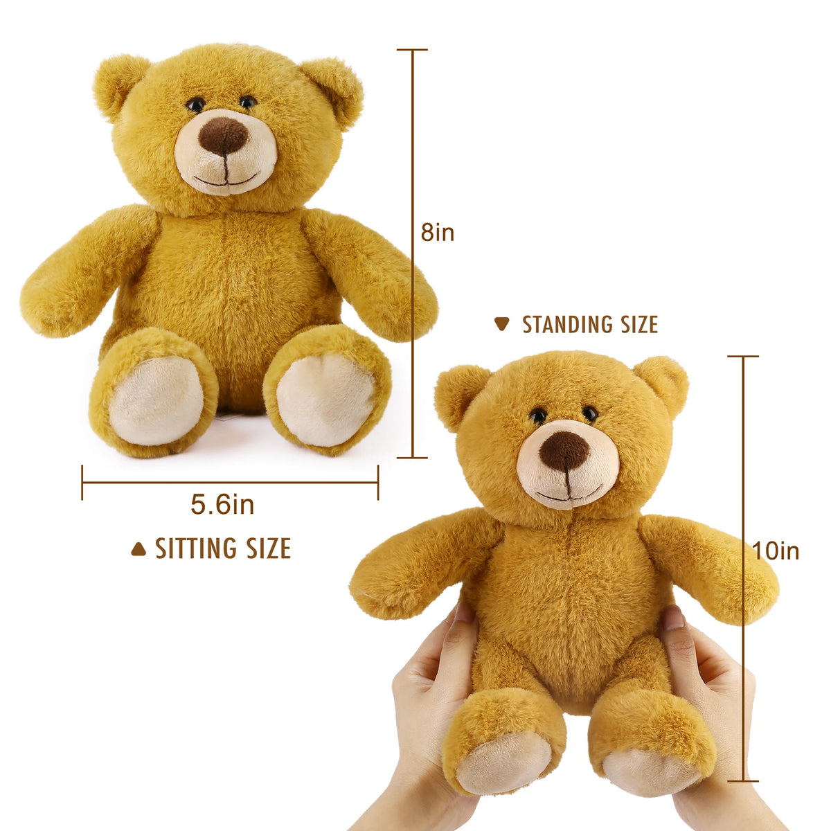 Yellow teddy bear with measurements shown from sitting, standing, and held by hands.
